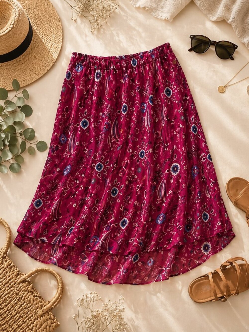 Jessica London Floral Skirt Plus Size 26W Pink Boho Elastic Waist